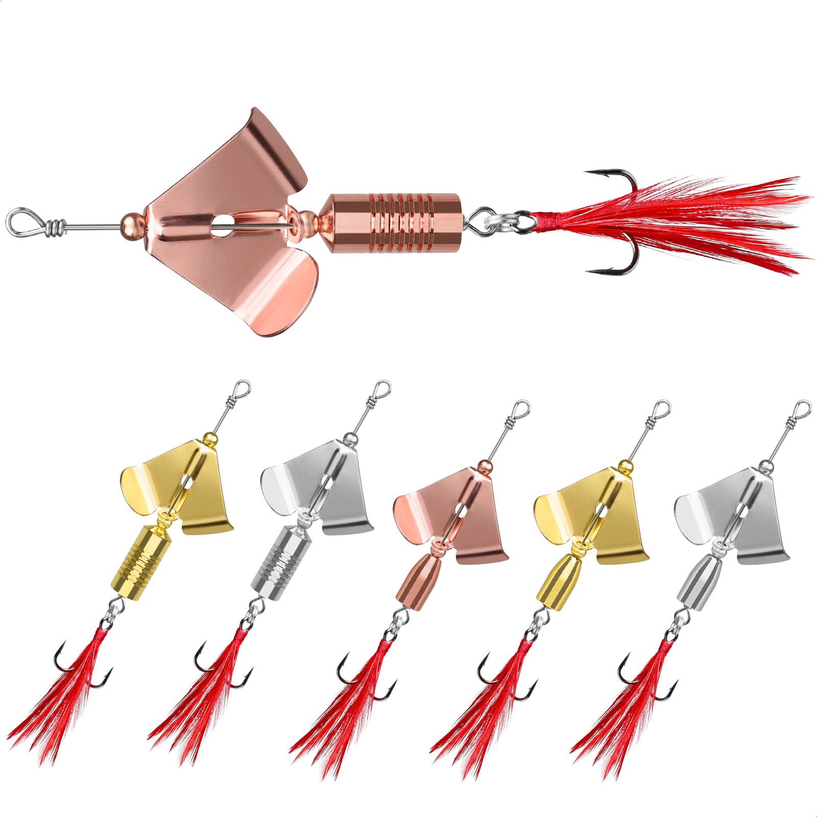 TRUSCEND Swimming or Jigging Fishing Spinners with Two-Way Spinning Spoons System, Rooster Tail Fishing Lures with Flash Copper Body & Blade, Freshwater and Saltwater Blade Bait for Bass Walleye Trout