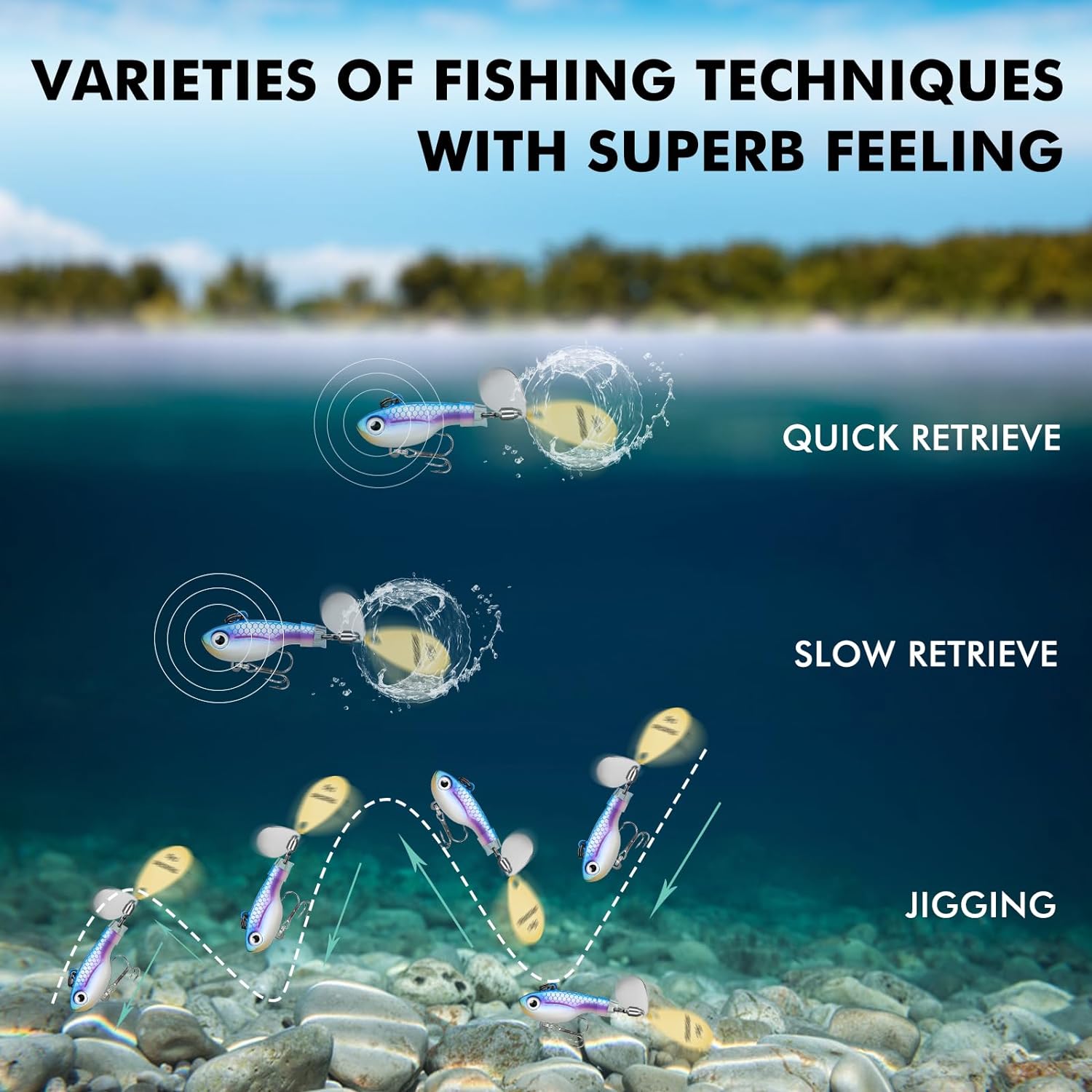 TRUSCEND Swimming or Jigging Fishing Spinners with Two-Way Spinning Spoons System, Rooster Tail Fishing Lures with Flash Copper Body & Blade, Freshwater and Saltwater Blade Bait for Bass Walleye Trout