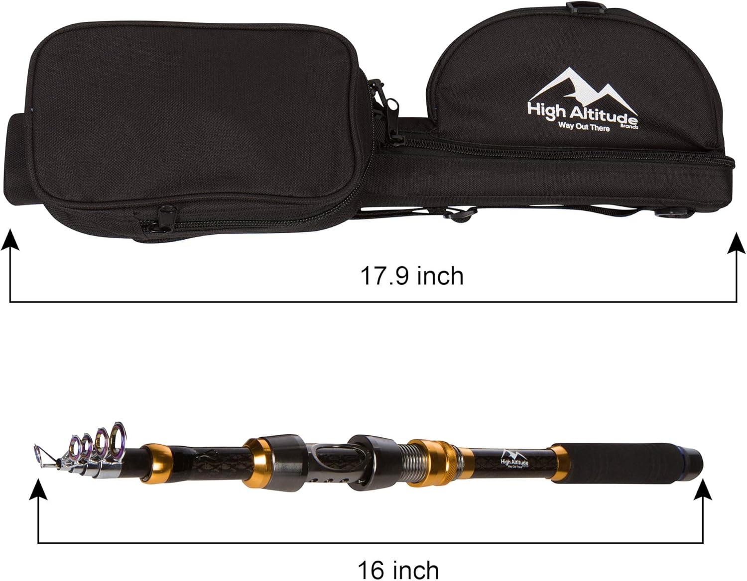 High Altitude Brands Lightweight Portable Telescopic Fishing Pole, Case and Available with Spinning Reel Rod Combo, Motorcycle, Car, Hiking, Backpacking, Wheelchair Travel Gear, Collapsible Poles