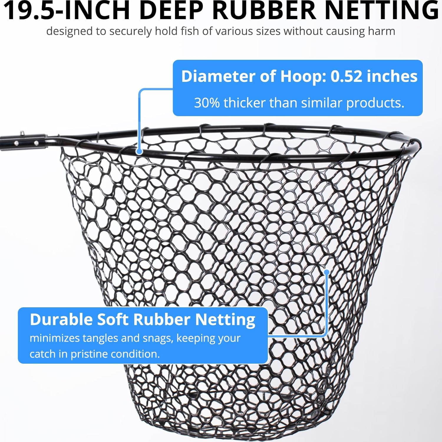High Strength Large Landing Net - Fishing Net with Telescoping Handle and Soft Rubber Netting, Kayak/Fly Fishing Net - Length: 60″, Depth: 19.5″, Hoop: 23″ x 18″, Suitable for 1 & 2 Handed Use