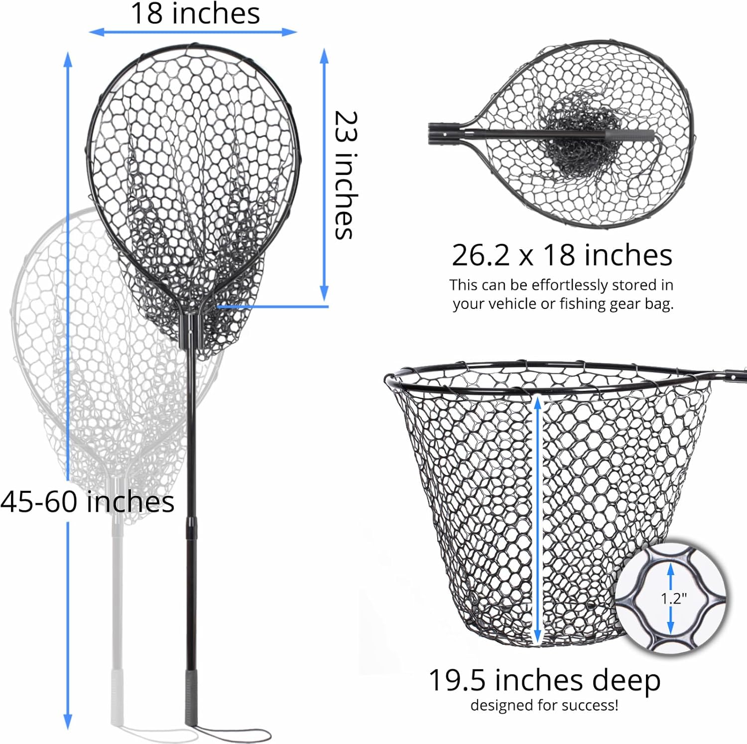 High Strength Large Landing Net - Fishing Net with Telescoping Handle and Soft Rubber Netting, Kayak/Fly Fishing Net - Length: 60″, Depth: 19.5″, Hoop: 23″ x 18″, Suitable for 1 & 2 Handed Use