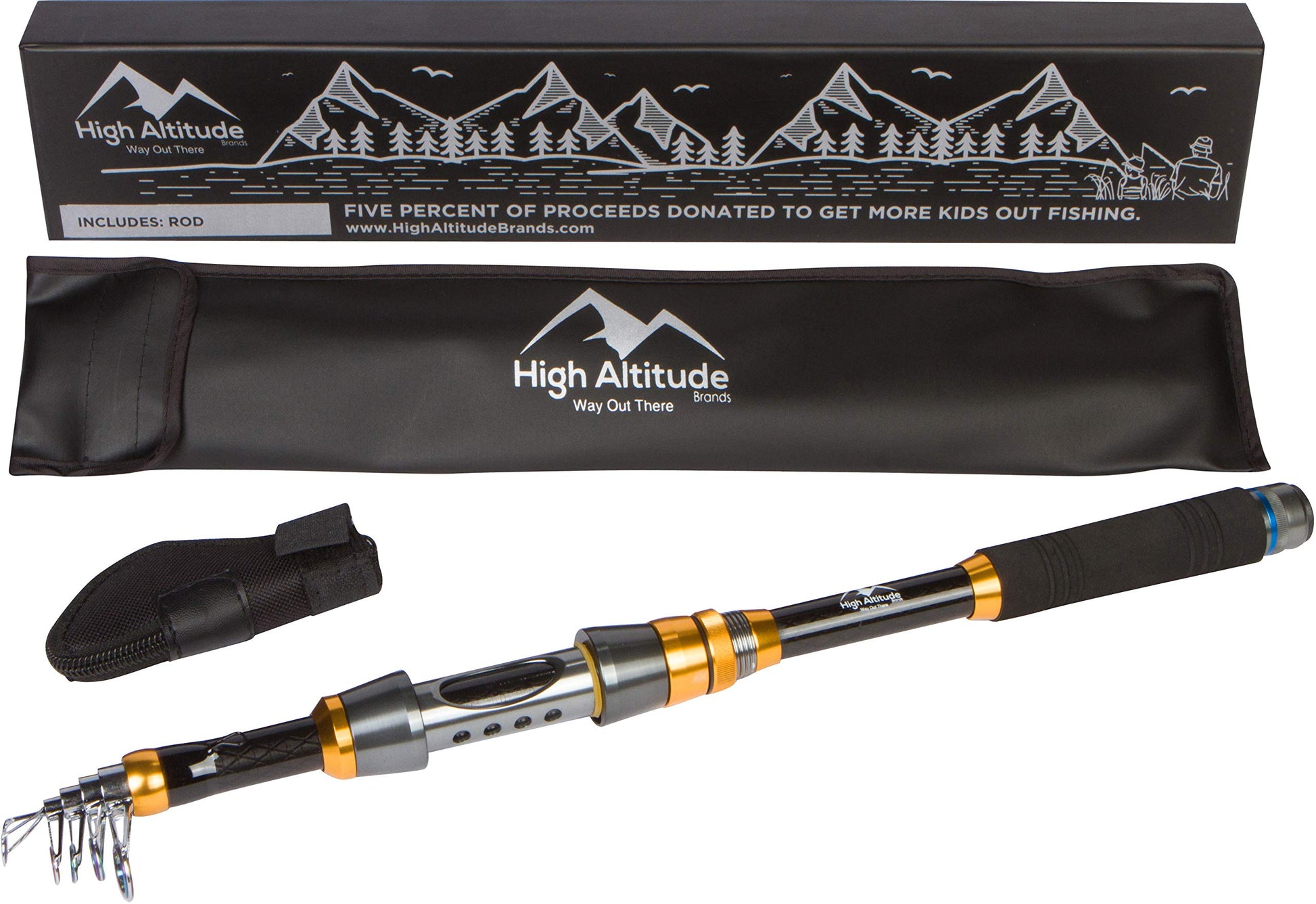 High Altitude Brands Lightweight Portable Telescopic Fishing Pole, Case and Available with Spinning Reel Rod Combo, Motorcycle, Car, Hiking, Backpacking, Wheelchair Travel Gear, Collapsible Poles