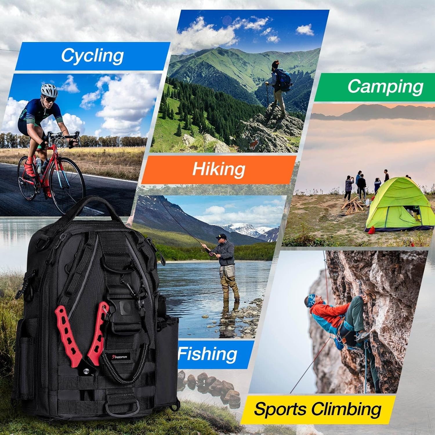 Piscifun Fishing Tackle Backpack with Rod & Gear Holder, Lightweight Outdoor Water-Resistant Fishing Shoulder Storage Bag