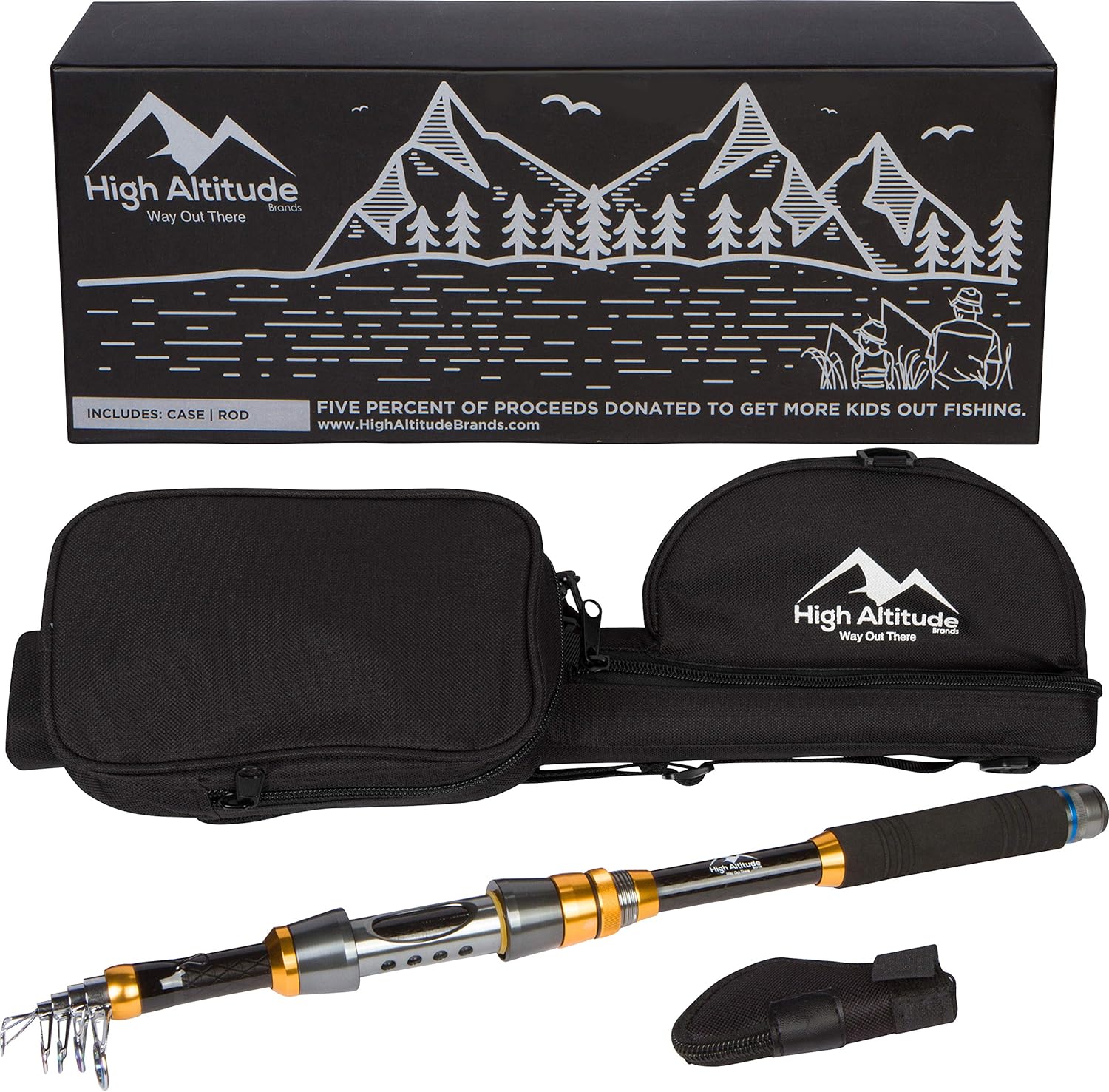 High Altitude Brands Lightweight Portable Telescopic Fishing Pole, Case and Available with Spinning Reel Rod Combo, Motorcycle, Car, Hiking, Backpacking, Wheelchair Travel Gear, Collapsible Poles