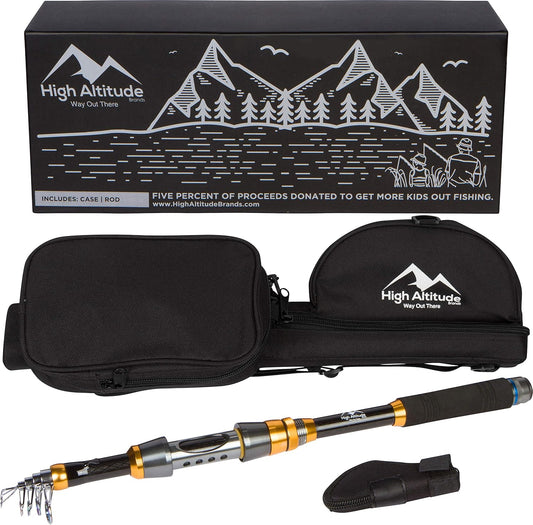 High Altitude Brands Lightweight Portable Telescopic Fishing Pole, Case and Available with Spinning Reel Rod Combo, Motorcycle, Car, Hiking, Backpacking, Wheelchair Travel Gear, Collapsible Poles