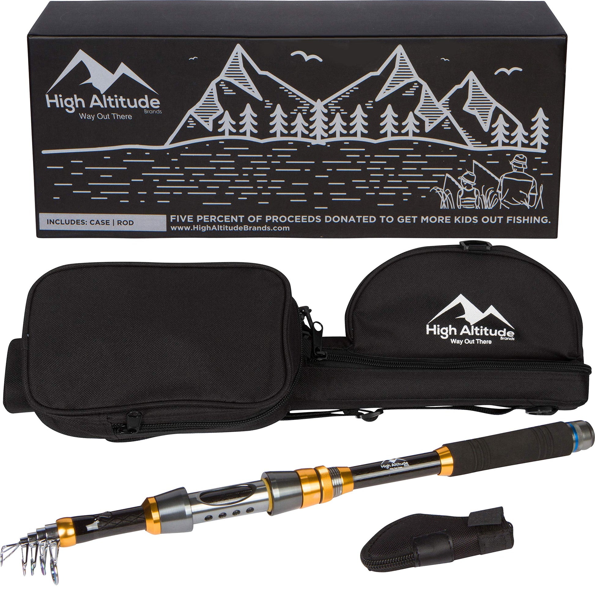 High Altitude Brands Lightweight Portable Telescopic Fishing Pole, Case and Available with Spinning Reel Rod Combo, Motorcycle, Car, Hiking, Backpacking, Wheelchair Travel Gear, Collapsible Poles