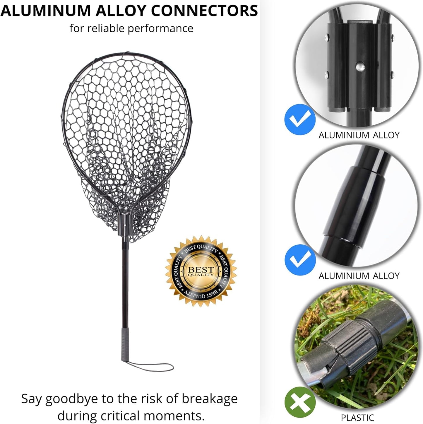 High Strength Large Landing Net - Fishing Net with Telescoping Handle and Soft Rubber Netting, Kayak/Fly Fishing Net - Length: 60″, Depth: 19.5″, Hoop: 23″ x 18″, Suitable for 1 & 2 Handed Use