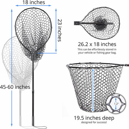 High Strength Large Landing Net - Fishing Net with Telescoping Handle and Soft Rubber Netting, Kayak/Fly Fishing Net - Length: 60″, Depth: 19.5″, Hoop: 23″ x 18″, Suitable for 1 & 2 Handed Use