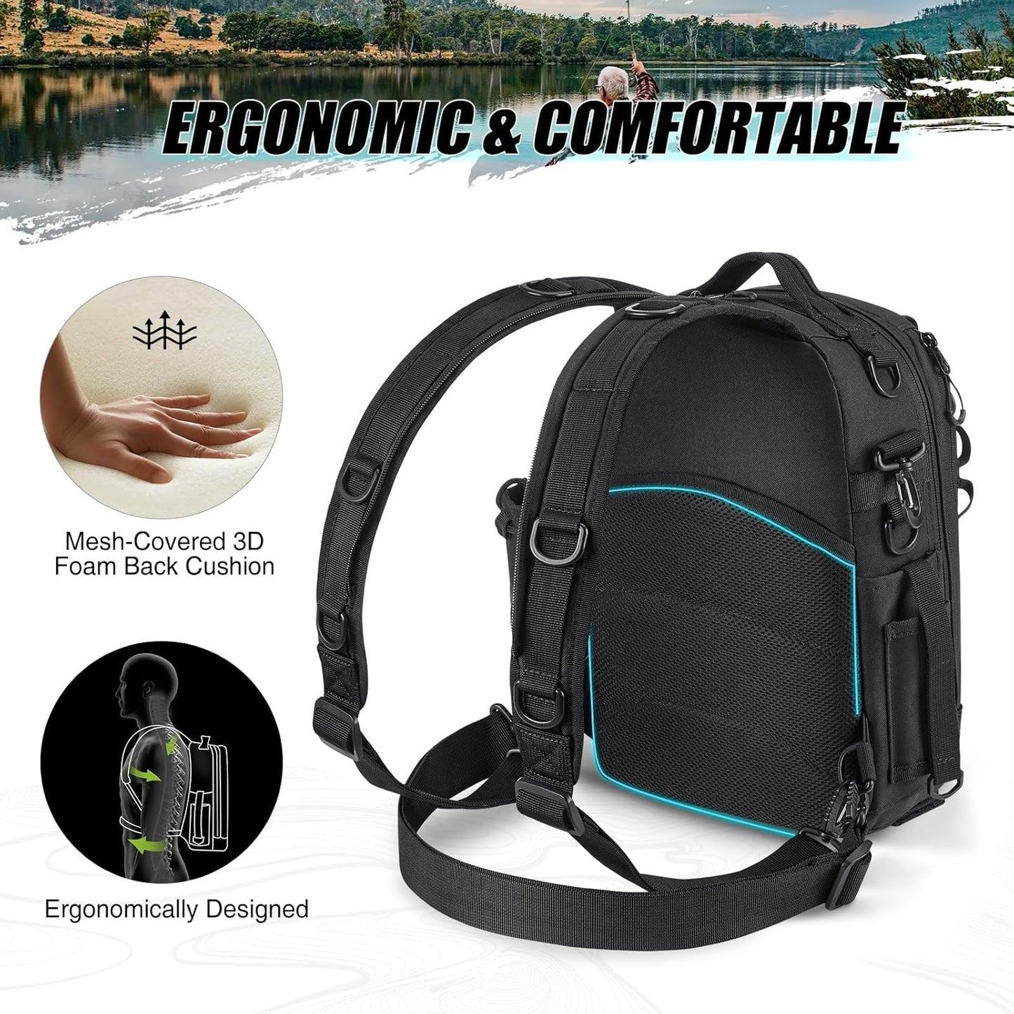 Piscifun Fishing Tackle Backpack with Rod & Gear Holder, Lightweight Outdoor Water-Resistant Fishing Shoulder Storage Bag